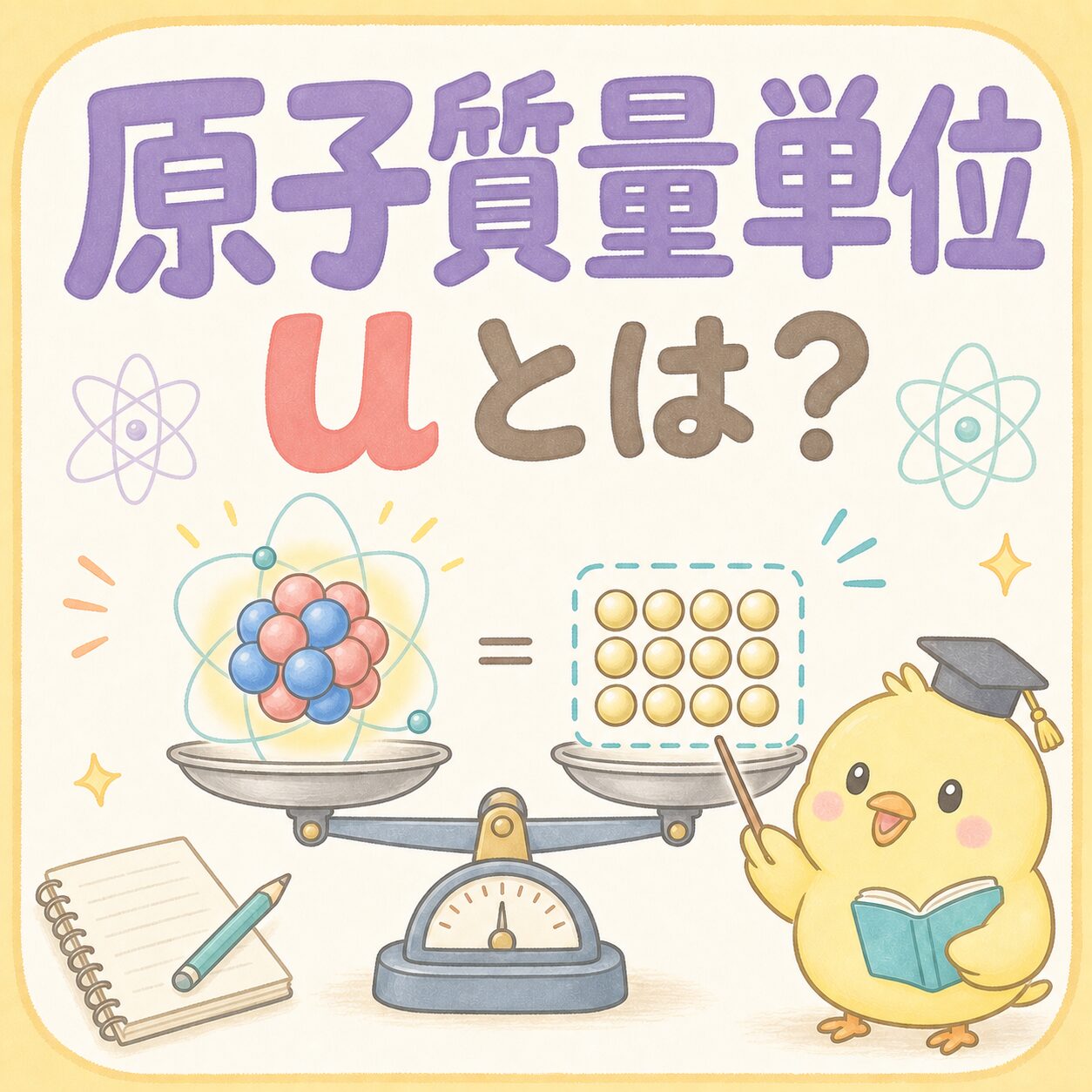 原子質量単位uとは何かを解説する淡い配色のアイキャッチ画像