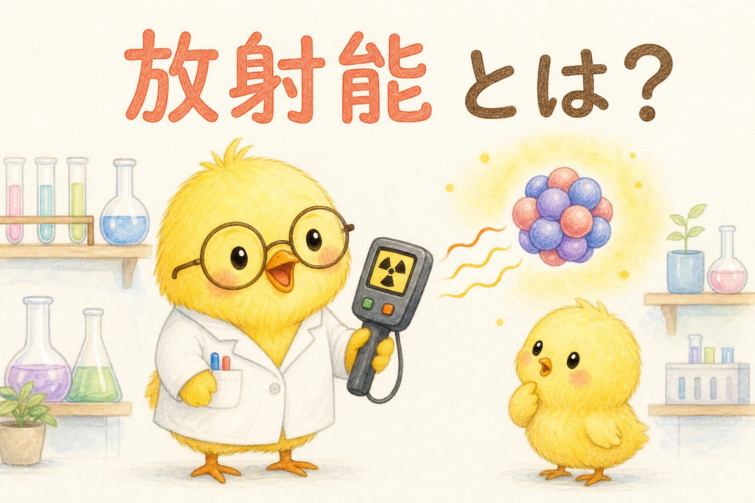 放射能とは何かを学ぶひよこ研究員のイラスト